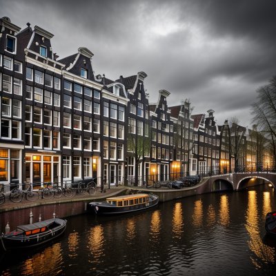 amsterdam, netherlands, canals, architecture, historic buildings, evening, waterfront, boat, reflections, postcard, tourism, city, house, canal architecture, boats, colorful buildings, landscape, scenic environment, tourist attraction