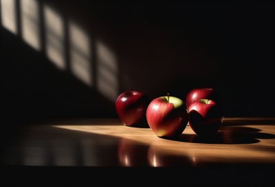 apple, wood, dark, light, shadow, texture, leaf, reflection, warm, atmospheric, red, stem, beautiful wallpaper, nature, award-winning, composition, natural light, art, waxy, dramatic, calm, background