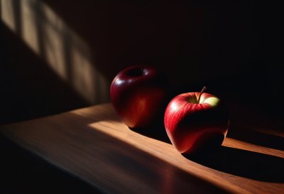 still life, apple, red, dark wood, beam of light, shadow, fine detail, warm atmosphere, texture, reflection, nature, waxed detail, golden, composition, charming, original, stippling, leaf, autumn, quiet, unique perspective