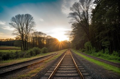 railway track, sun, sunset, landscape, forest, nature, railway, path, railway route, railway curve, railroad line, railway setting, railway construction, railway station, railway infrastructure, railway bridge, railway facility, winter railway, railway tracks