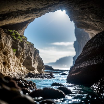 cave, sea, geology, adventure, water, fantasy, exploration, rocks, mysterious, hut, shore, sky, light, landscape, rock formation, current, nature, dwelling, shack, cliff