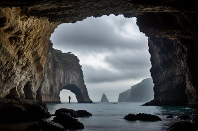 cave, sea, geology, adventure, water, fantasy, exploration, rocks, mysterious, hut, shore, sky, light, landscape, rock formation, current, nature, dwelling, shack, cliff