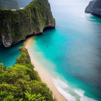 beach, cliff, sea, bali, natural scenery, tourist attraction, nature, island, sunlight, tourism, exotic, bay, landscape, blue, relaxation, kelingking beach, kayaking, asian, adventure, capture