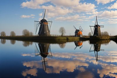 windmill, holland, netherlands, canal, water, reflection, clouds, landscape, architecture, nature, travel, tourism, dyke, green, water reflection, village, peace, relaxation, europe