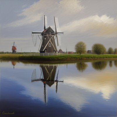 windmill, holland, netherlands, canal, water, reflection, clouds, landscape, architecture, nature, travel, tourism, dyke, green, water reflection, village, peace, relaxation, europe