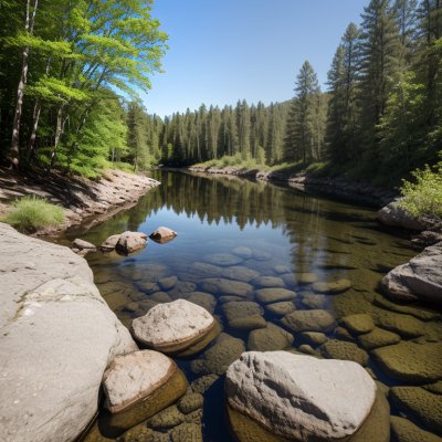 river, nature, trees, rock, landscape, blue sky, reflection, summer, tranquility, clear water, peaceful scenery, greenery, nature reserve, stream, shore, natural beauty, countryside, stem, cabin, village