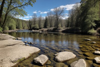 river, nature, trees, rock, landscape, blue sky, reflection, summer, tranquility, clear water, peaceful scenery, greenery, nature reserve, stream, shore, natural beauty, countryside, stem, cabin, village