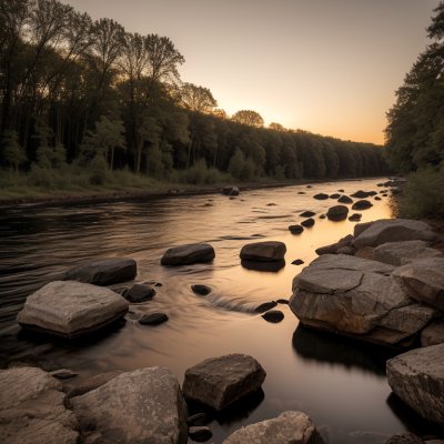 nature, river, rocks, sunset, trees, reflection, calm, summer, orange sky, natural view, calm water, natural beauty, rural, tranquil place, green, afternoon, raging river, wild river, peace
