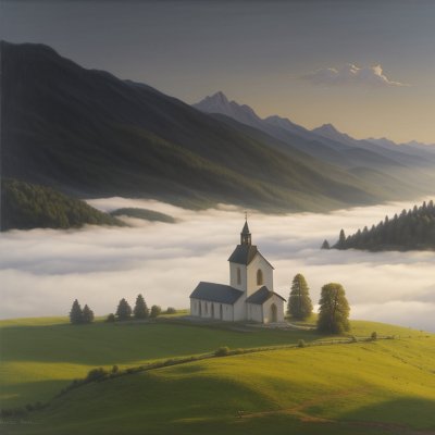 church, mountains, fog, dawn, meadow, mountain meadow, natural beauty, pastoral, green landscape, silk fog, weekend getaway, alpine mountains, countryside, panorama, hiking, landscape, tranquility, enveloping feel, peaceful location, idyll, nature, ai generated