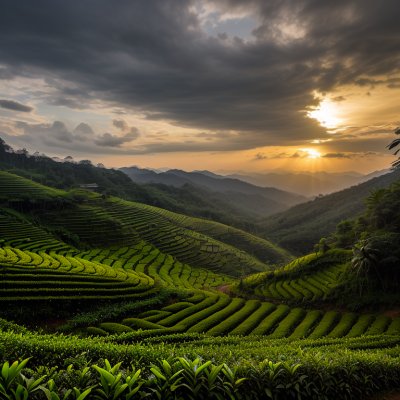 vietnam, tea plantations, nature, sunset, countryside, mountains, travel, hiking, farming, panorama, photo travel, rural landscape, green field, clouds, peaceful, ecotourism, lens flare, wide angle, east asia, calm evening