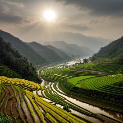 terraces, rice fields, sunlight, vietnam, nature, river, hills, landscape, green, agriculture, mountains, blue sky, asian countryside, sun rays, countryside, green rice, agricultural pole, clear sky, field