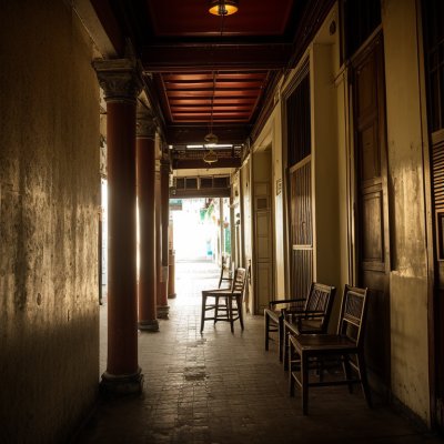 malaysia, ipoh, arcade, old, chair, city, shadow, adventure, abandoned, architecture, tourism, yellow, vault, historic, solitary, lifestyle, antique, passageway, exploration