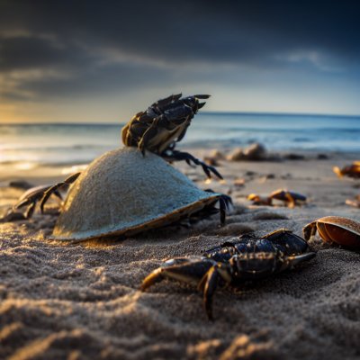 crabs, beach, seafood, fight, natural, sea, sand, shells, sunset, waves, blue, sun, landscape, nature, reef, animals, dramatic lighting, interaction, fauna, environment