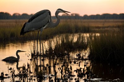 heron, wetland, nature, sunset, bird, habitat, swamp, balanced, water, reeds, wild, predator, ecosystem, natural, reserve, peatland, evening, waterfowl, quiet, magical
