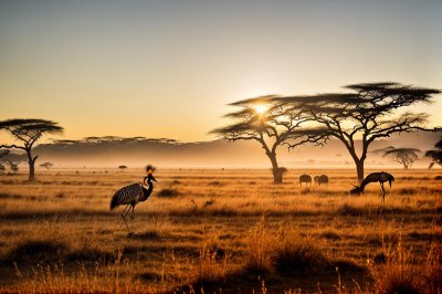 african landscape, nature, crowned crane, savanna, sunset, golden hour, dancing bird, wildlife, african bird, natural beauty, savanna grass, african nature, bird in flight, life in savanna, wind-blown dust, african savanna, dance in nature, bird leap, movement from above, prairie trees