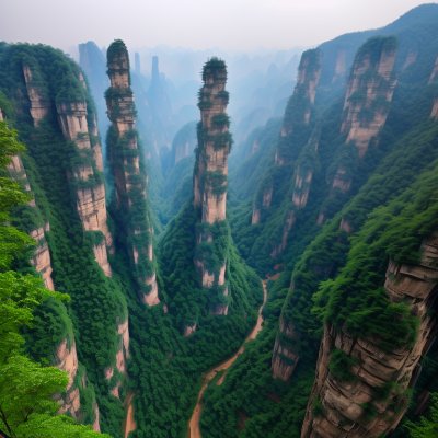 zhangjiajie, mountains, forest, rock pillars, nature, trees, mist, landscape, hiking, tourist attraction, national park, natural wonder, paradise, tranquility, ecotourism, adventure, travel, misty mountain