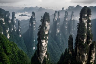 zhangjiajie, mountains, forest, rock pillars, nature, trees, mist, landscape, hiking, tourist attraction, national park, natural wonder, paradise, tranquility, ecotourism, adventure, travel, misty mountain