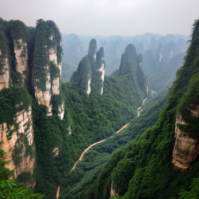 cliff walls, rainforest, zhangjiajie, rock formations, mountains, natural beauty, tourist attraction, national park, dense vegetation, foggy view, ecosystem, adventure, china, panorama, adventurous tourists, volcanic activity, nature, mountain range, wilderness, clouds, hiking