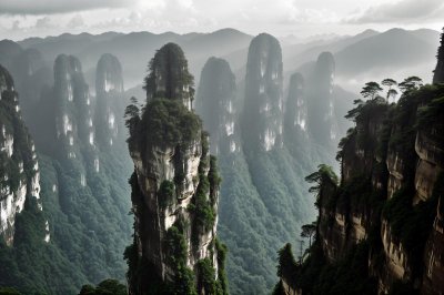 cliff walls, rainforest, zhangjiajie, rock formations, mountains, natural beauty, tourist attraction, national park, dense vegetation, foggy view, ecosystem, adventure, china, panorama, adventurous tourists, volcanic activity, nature, mountain range, wilderness, clouds, hiking