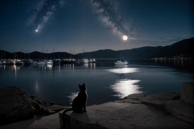 stars, moon, night sky, bay, cat, sailboat, sea, landscape photography, romantic, night, nature scene, animal, water reflection, calm, idyllic, mountains, starry night, peaceful evening, island, fishing boat, enchanting, pet, nature