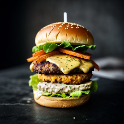 burger, fish burger, fried fish, tartar sauce, lettuce, tomato, cheese, bun, sesame, fast food, crispy, meal, lunch, blue background, studio shot, golden brown, appetizing, stacked, gourmet, hearty