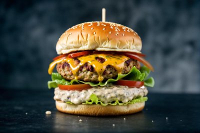 burger, fish burger, fried fish, tartar sauce, lettuce, tomato, cheese, bun, sesame, fast food, crispy, meal, lunch, blue background, studio shot, golden brown, appetizing, stacked, gourmet, hearty