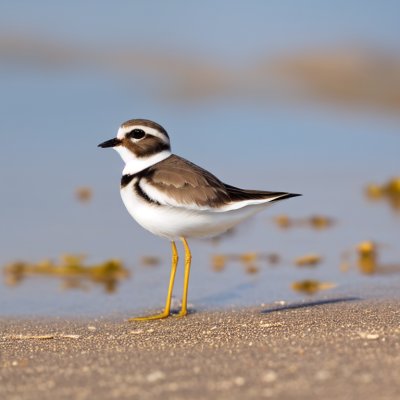 semipalmated plover, shorebird, wader, nature, wildlife, beach, sand, reflection, standing, white, brown, water, grey, outdoor, wings, claw, stand, yellow, pond, beak, summer