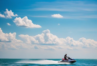 sea, sky, jetski, vacation, clouds, blue sky, summer day, ride, speed, water sports, motorboat, adventure, coast, driver, beach, joy, relaxation, summer activity, panorama, cleanliness