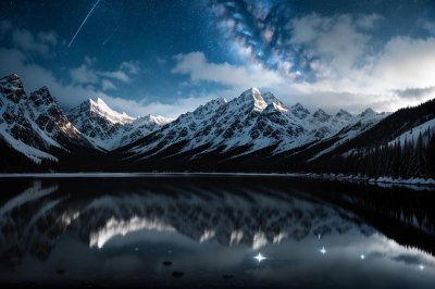 mountains, lake, stars, night sky, reflections, winter landscape, snow, alps, natural beauty, scenery, blue sky, tranquility, purity, silence, calm, nature, mountain lake, hiking, nature reserve, breathtaking