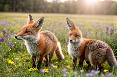 fox, rabbit, meadow, wildflowers, friendship, cute, kit, sunshine, natural, spring, nature, sunlight, peaceful, evening, golden hour, animals, outdoor, adorable, summer, bunny