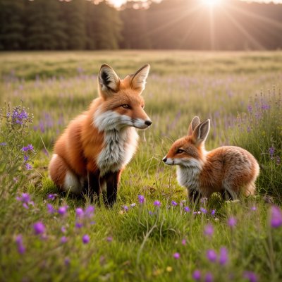 fox, rabbit, meadow, wildflowers, friendship, cute, kit, sunshine, natural, spring, nature, sunlight, peaceful, evening, golden hour, animals, outdoor, adorable, summer, bunny