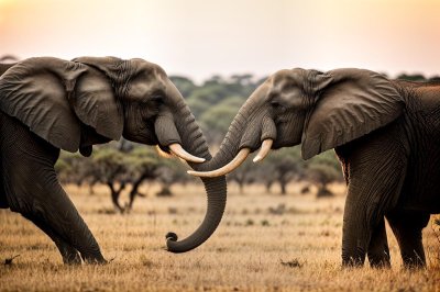 elephant, african, trunk, nature, wildlife, savanna, sunset, friendship, connection, golden hour, behavior, pair, giant, mammal, social, animal, large, grey, ivory, golden