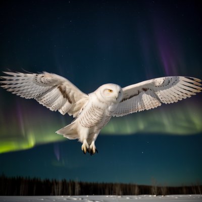 snowy owl, bird in flight, aurora borealis, night sky, winter landscape, northern lights, wildlife, nature, majestic, wings spread, arctic, starry sky, white bird, nocturnal, owl, predator, hunting, cold, stars
