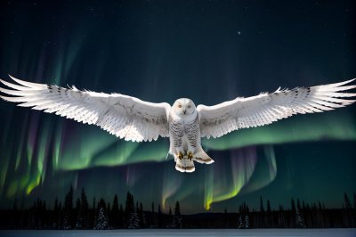snowy owl, bird in flight, aurora borealis, night sky, winter landscape, northern lights, wildlife, nature, majestic, wings spread, arctic, starry sky, white bird, nocturnal, owl, predator, hunting, cold, stars
