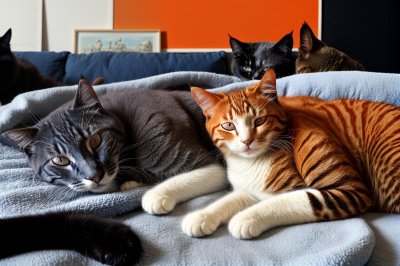 cats, fuzzy blanket, comfort, soothing, resting, sleeping, cozy, companions, fireplace, interior, gray cat, ginger cat, friend, natural light, cuddly, warm, lamp, autumn, friendship