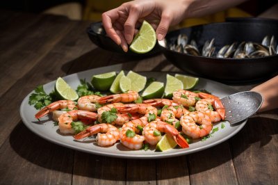 seafood, shrimp, lime, hand, lime juice, grilled shrimp, salad, basket, dinner, fresh, served, decorative leaf, paprika, decoration, wooden table, culinary, food design, tomato slice, grated cheese, food