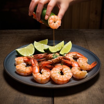 seafood, shrimp, lime, hand, lime juice, grilled shrimp, salad, basket, dinner, fresh, served, decorative leaf, paprika, decoration, wooden table, culinary, food design, tomato slice, grated cheese, food