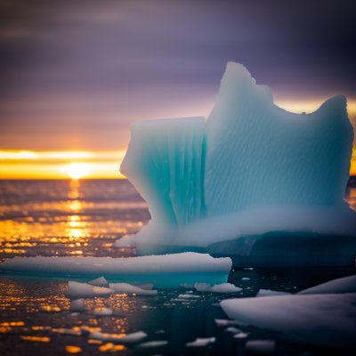 iceberg, sunset, ocean, sea, ice, landscape, arctic, winter, nature, glacier, sky, water, frozen, scenic, waves, glow, dawn, climate change, artistic photography, marine, reflection