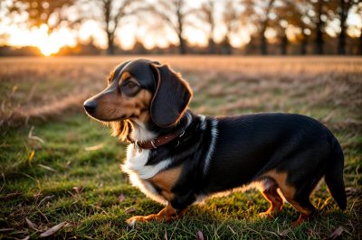 dog, dachshund, autumn, grass, sunset, outdoors, nature, landscape, light, golden hour, pet, fluffy, sitting, animal, gaze, exploring, calm, stones, walk, warmth, plan