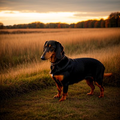 dog, dachshund, autumn, grass, sunset, outdoors, nature, landscape, light, golden hour, pet, fluffy, sitting, animal, gaze, exploring, calm, stones, walk, warmth, plan