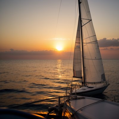 sailing, yacht, boat, sunset, sea, ocean, calm, relaxing, scenic, horizon, boat on sea, leisure sailing, vacation, holiday, adventure, romantic, peace, nature, sky, clear, dusk