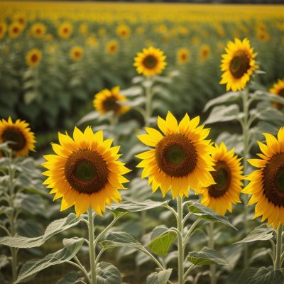 sunflowers, flowers, field, summer, yellow, landscape, nature, natural light, farm, rustic, culture, bright colors, background, asteraceae, cultivation, gardening, solitary, agriculture, countryside, romantic