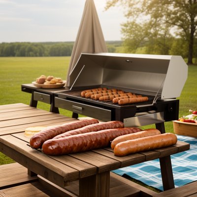 sausage, grilling, wooden table, summer, nature, picnic, patties, plate, barbecue, pork, chicken, goulash, spicy, bowl, outdoor, simple, close-up, traditional, photograph