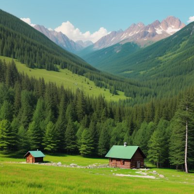 mountains, mountain landscape, forest, cabin, meadow, green, sky, clouds, nature, summer, panorama, hiking, tranquility, morning, pasture, recreation, hills, shaded, view, sunrise