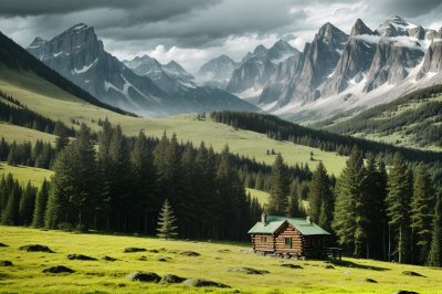 mountains, mountain landscape, forest, cabin, meadow, green, sky, clouds, nature, summer, panorama, hiking, tranquility, morning, pasture, recreation, hills, shaded, view, sunrise