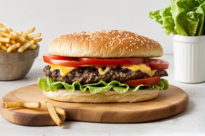 hamburger, french fries, cheese, tomato, lettuce, bun, sesame seed, red onion, ketchup, plate, wooden board, lunch, pink sauce, grilling, savory taste, fast food, fresh ingredients, ground beef, picnic, american food