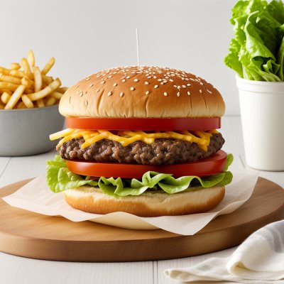 hamburger, french fries, cheese, tomato, lettuce, bun, sesame seed, red onion, ketchup, plate, wooden board, lunch, pink sauce, grilling, savory taste, fast food, fresh ingredients, ground beef, picnic, american food