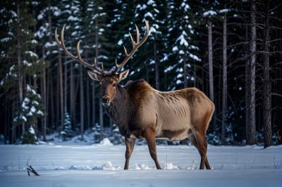 elk, bull, winter, snow, antlers, wildlife, forest, nature, majestic, twilight, wapiti, deer, outdoor, pine, wilderness, animal, evening, serene, mountain, blue hour