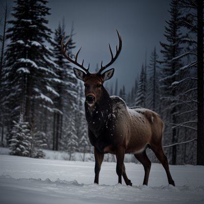 elk, bull, winter, snow, antlers, wildlife, forest, nature, majestic, twilight, wapiti, deer, outdoor, pine, wilderness, animal, evening, serene, mountain, blue hour