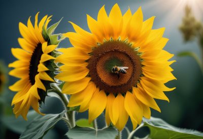 sunflower, nature, bee, close-up, yellow, pollination, garden, summer, sunny, beautiful flowers, flower, green, summertime, environment, botany, flower wallpaper, countryside, sunlight, farm, colorful, natural, flower background, sunny day, ripe